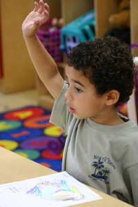 1st or 2nd grade student with his hand raised